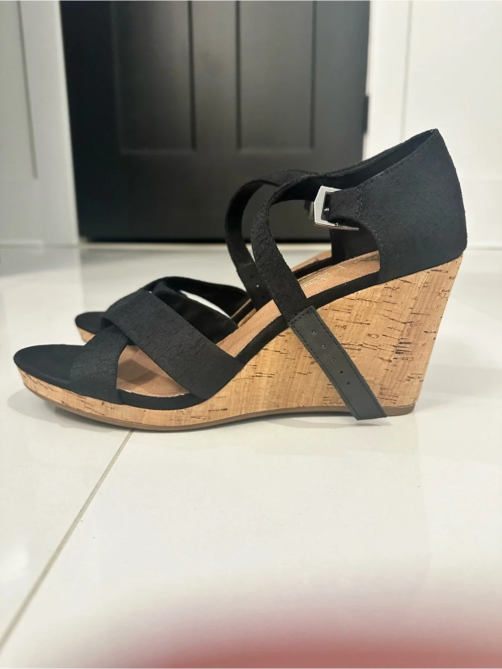 Toms Black Cork Wedge Sandals